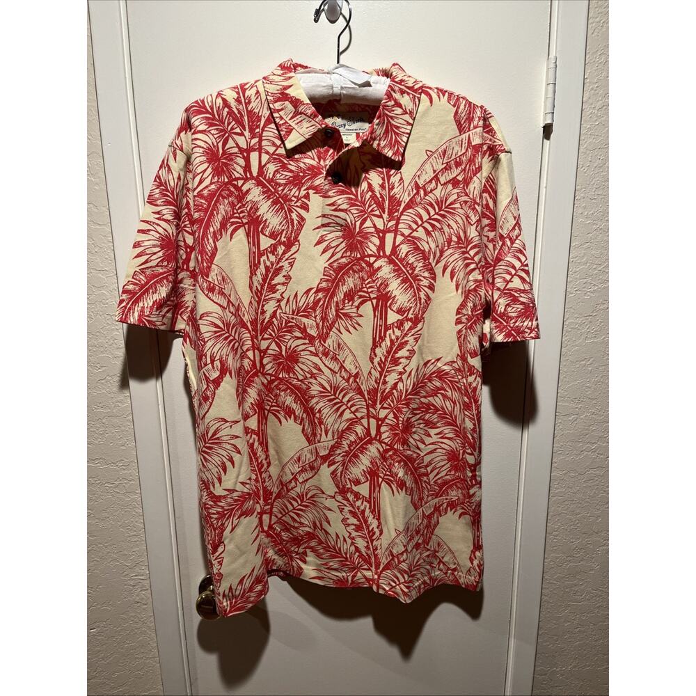 Crazy Shirts Hawaiian Polo Mens Sz‎ L Red Cream Yellow Palm Leaves Cotton